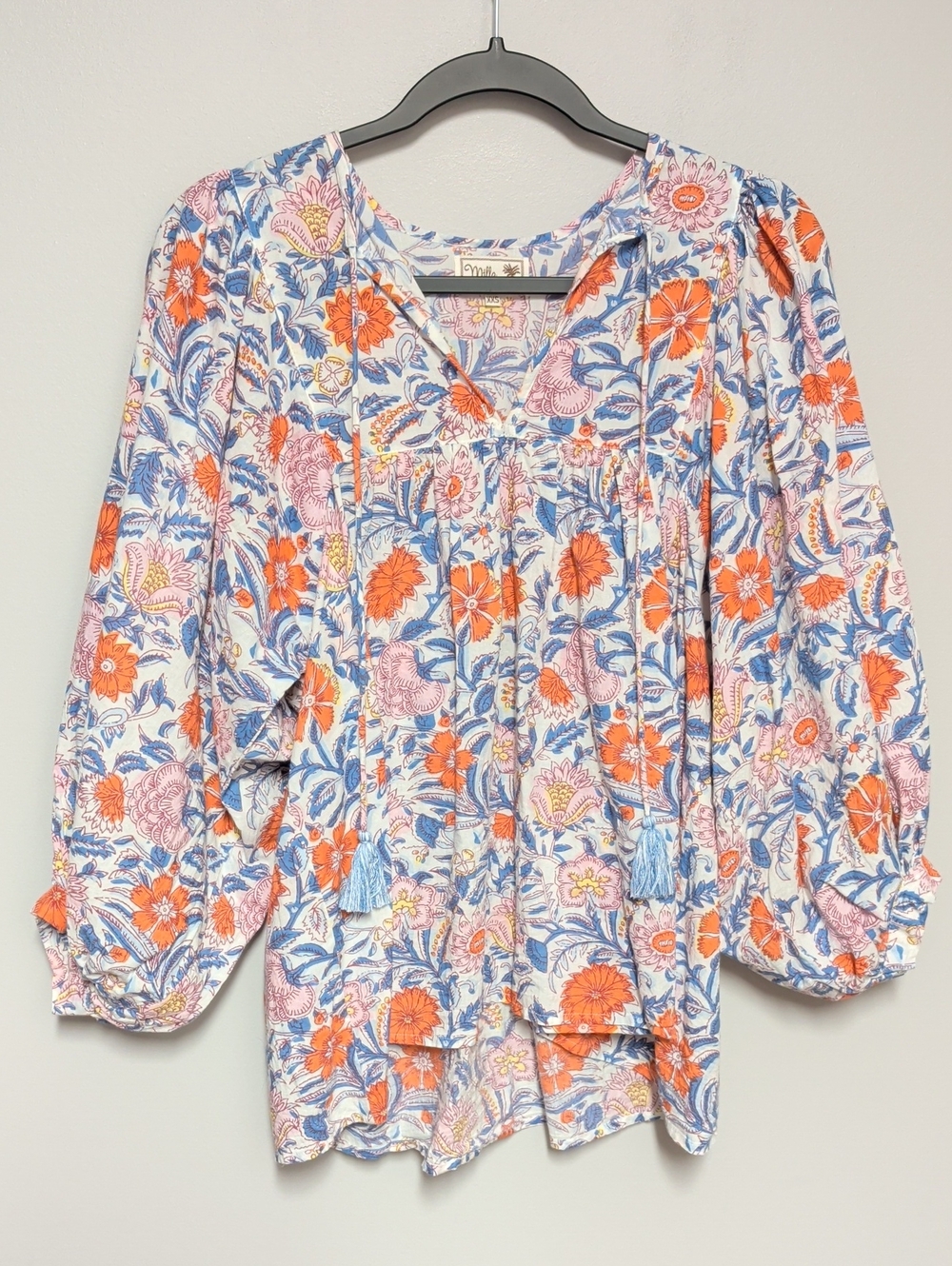 Floral Peasant Tunic Top in White with Blue & Orange - Lightweight Boho